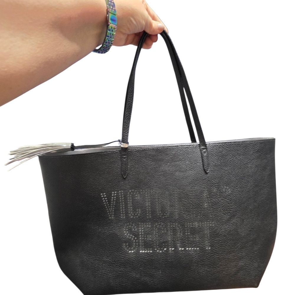 Victoria's Secret Limited Edition Lazer Cut Black Tote Bag With Silver Tassel